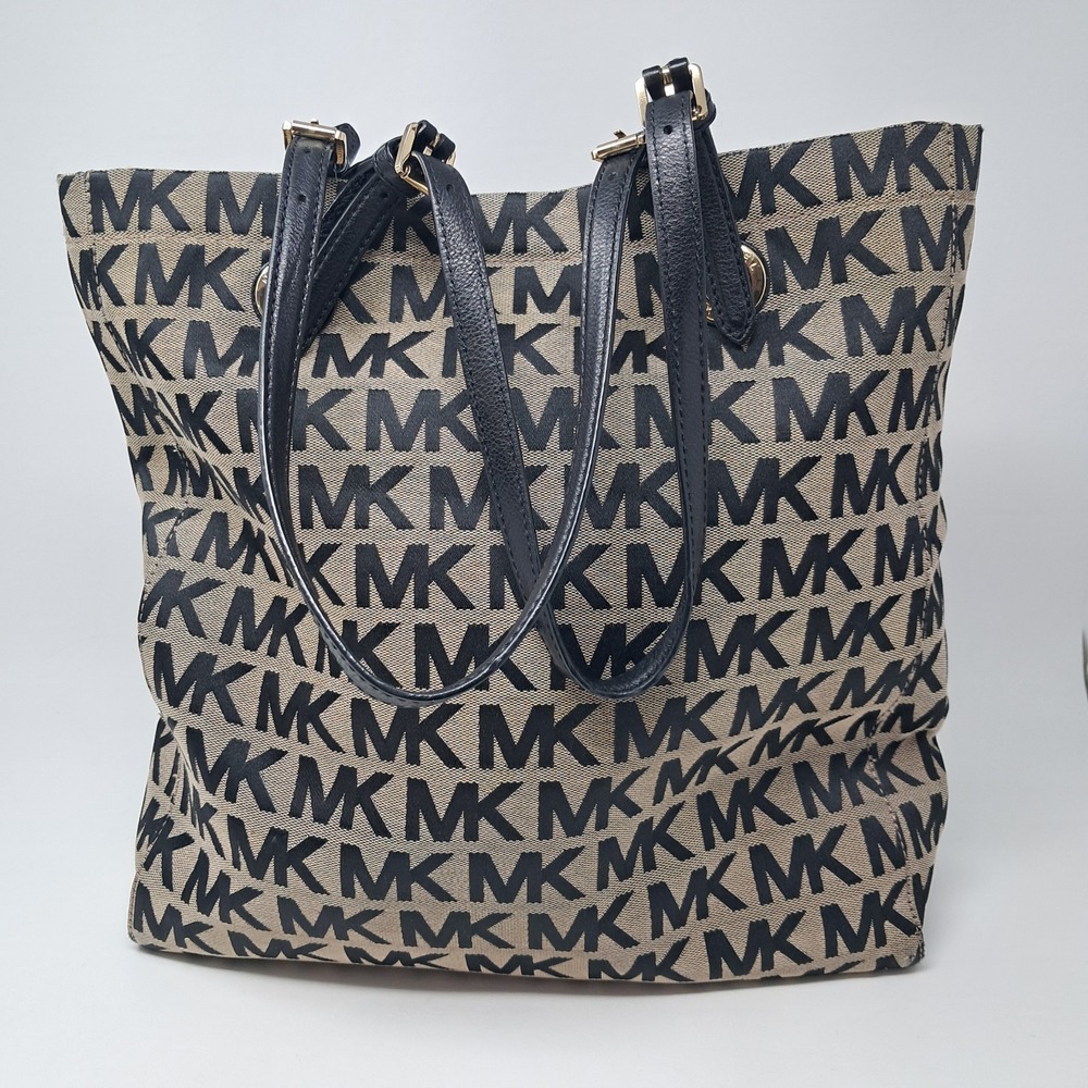 Michael Kors Jet Set Large Tote Bag Beige Black MK Signature Monogram Canvas